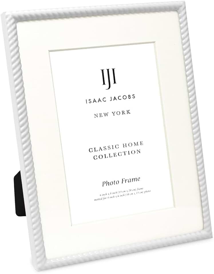 Isaac Jacobs 6x8 (Matted 4x6) White Metal Rope Border Picture Frame w/Easel