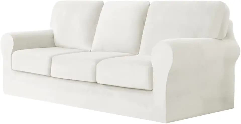 vctops 7 Pieces Velvet Stretch Sofa Cover for 3 Seater Couch Soft Washable Sofa Slipcover with Individual Backrest and Cushion Covers for Kids Cats Dogs (White,3 Seat)