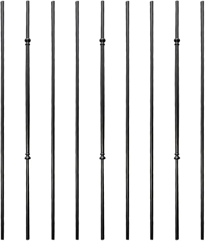 Round Balusters Stair Railing - 5/8 in. x 44 in, Venetian Iron Balusters Hollow, Double Knuckle and Round Plain Iron Railing (Pack of 9), Fluted and Lite, Satin Black,
