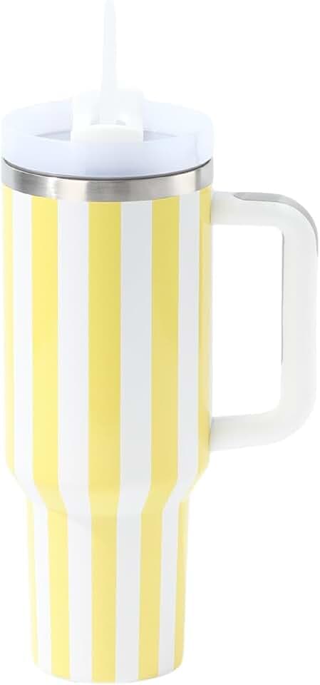 40 oz Traveler - Stripe Water Bottle with Handle & Flip Straw - Fits in Cup Holder, Leak Resistant Tumbler-Reusable Insulated Stainless Steel & Rubber Base - Gifts for Women & Men(Yellow&White)