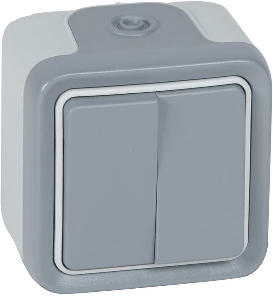 LEGRAND, Plexo Classic Feuchtraum-Aufputz-Wippschalter, unbeleuchtet, Doppelwechselschalter, 10 A/250V, IP55 - IK07, grau, 069715