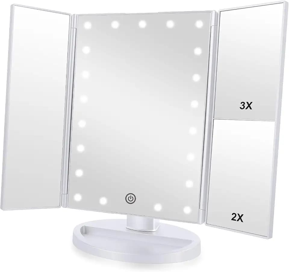 Flymiro Tri-fold Lighted Vanity Makeup Mirror with 3x/2x Magnification,Light up Mirror for Makeup,Touch Screen 21 LEDs,180° Rotation Countertop Cosmetic Mirror,Gifts for Women Mom Teen Girls