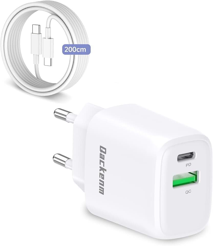 Qackenm 20W USB C Ladegerät mit 2M USB-C Kabel, Schnellladegerät, iPad Netzteil, Stecker, Ladestecker für iPhone iPhone 16/15/iPhone 15 Plus/iPhone 15 Pro/iPhone 15 Pro Max/iPad und mehr (Weiß)