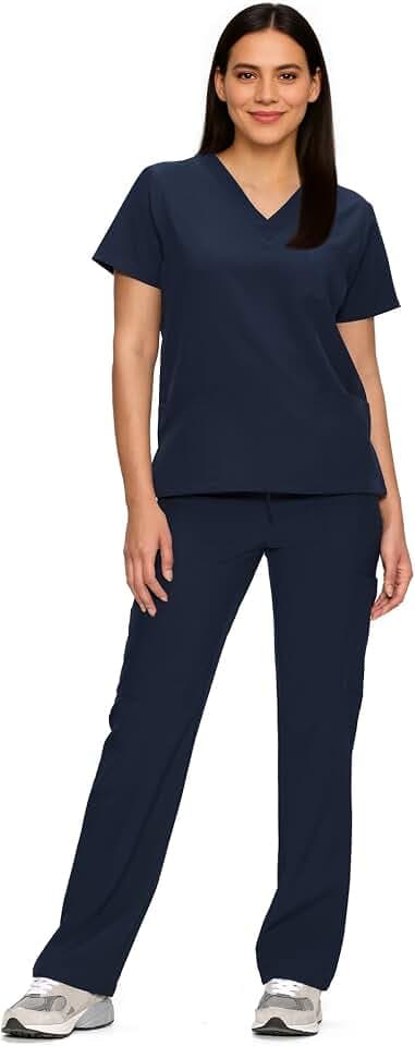 Scrubs for Women Set, V-Neck Top & Straight Leg Pants with 11 Pockets