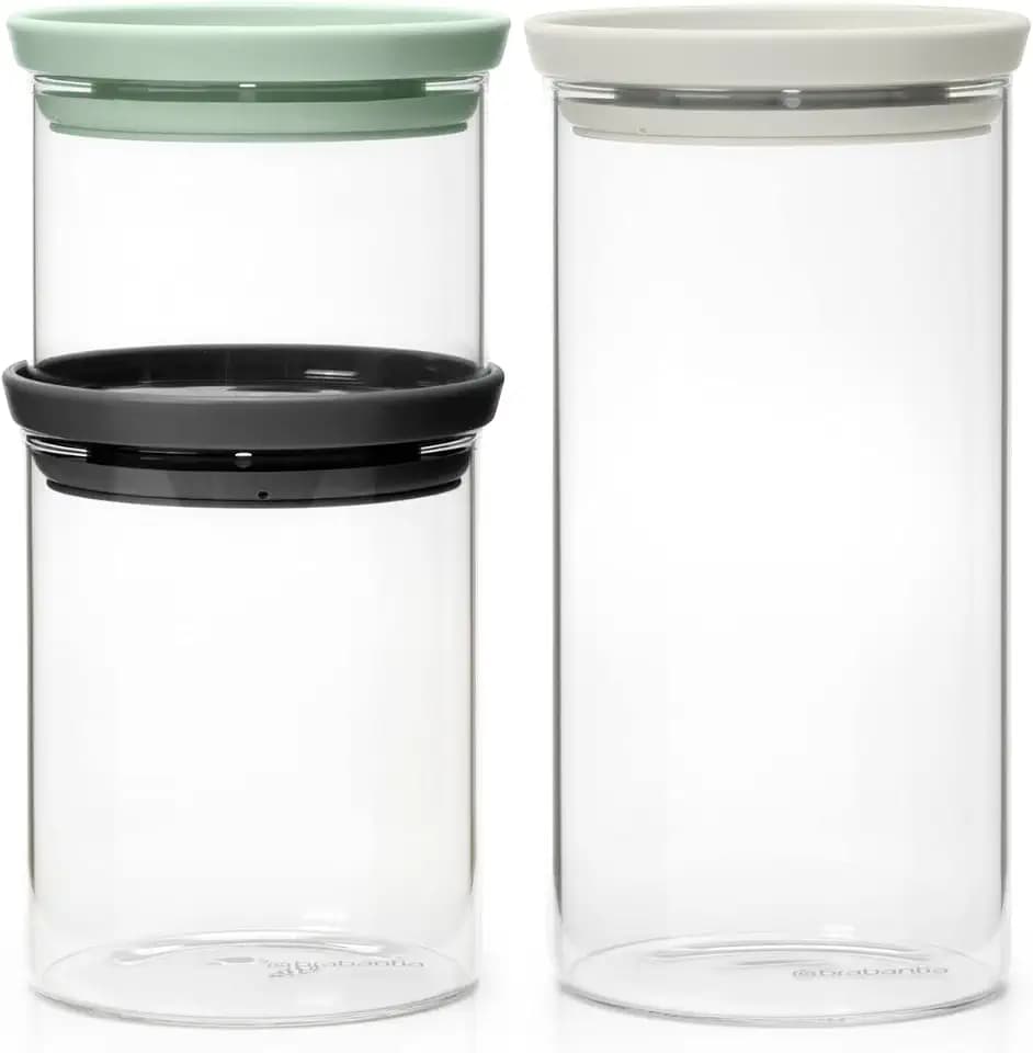 Brabantia 3pc Stackable Glass Food Jars (Mixed Colors) 0.08 + 0.16 + 0.3 Gal Heat-Safe, Dishwasher-Safe, Air-Tight Pantry Organizers
