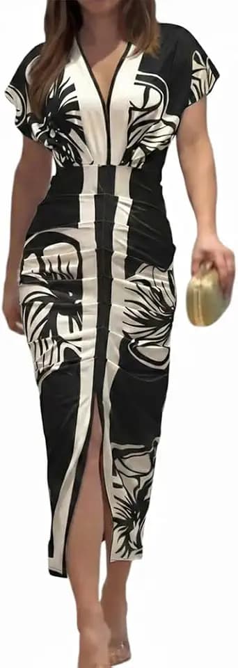 CHICME Dresses for Women Floral Plunge V Neck Ruched Midi Dress