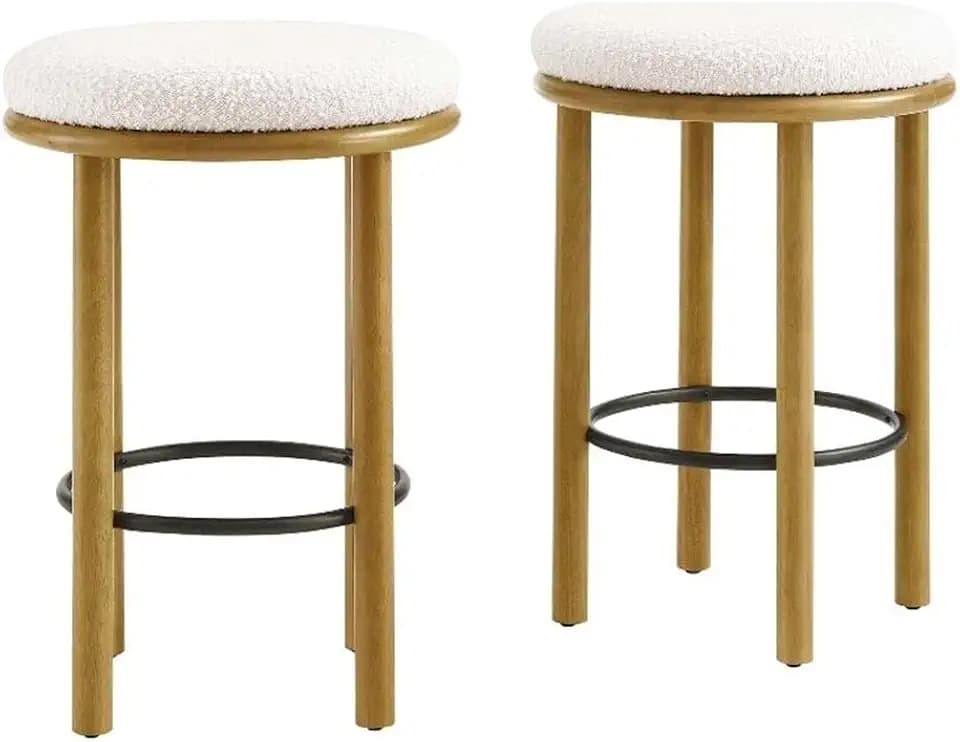 Modway Fable 26 Inch Backless Counter Stools Set of 2 in Oak Ivory - Kitchen Stools Counter Height - 2Pcs Upholstered Padded Boucle Seat for Kitchen Counter or Island with Wood Legs and Footrest