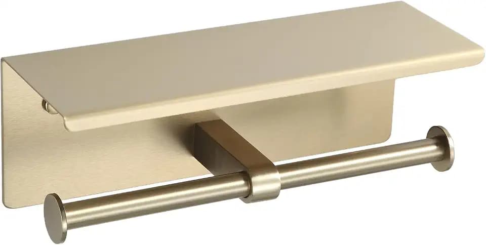 BGL Toilet Paper Holder with Shelf Matte Brushed Gold Double Head Toilet Tissue Roll Holder 304 Stainless Steel Wall Mount for Bathroom
