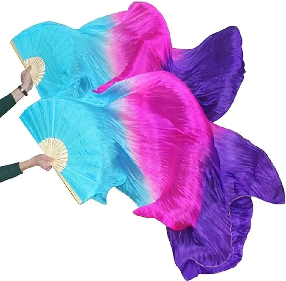 1 Pair(Left+Right) Belly Dance Fan Artificial Silk Bamboo Fans,Colorful Dancing Fabric Fans,Long Folding Imitated Silk Fans,for Dancing Show Arts,Length 180cm Width 90cm.