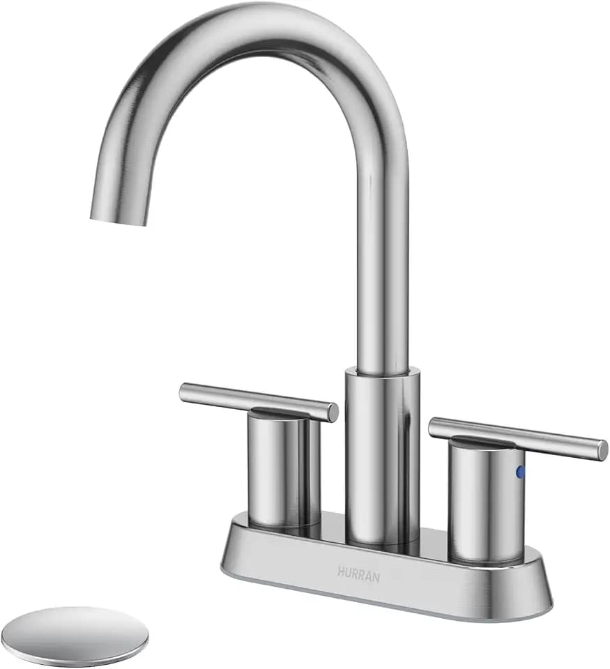Hurran Brushed Nickel 3 Hole Bathroom Sink Faucet, 4 Inch Centerset