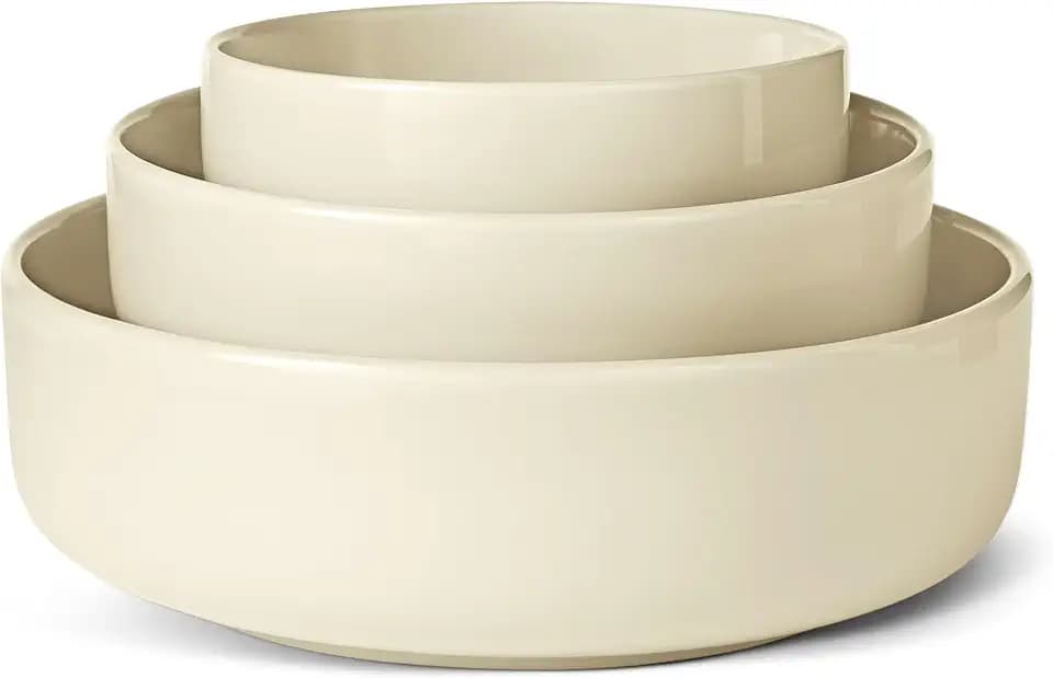 Amazon Basics Ceramic Serving Bowls Set Of 3, Glazed Stoneware (6", 8" & 10"), Nestable Space-Saving, Stain-Resistant, Microwave & Dishwasher-Safe, Ivory