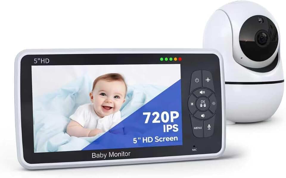 Baby Monitor with Camera and Audio, 5" IPS Display 720P HD, 4000mAh Long Battery Life, Pan-Tilt-Zoom, No WiFi, VOX Mode, Night Vision, 2-Way Audio, Temperature Sensor & Lullabies