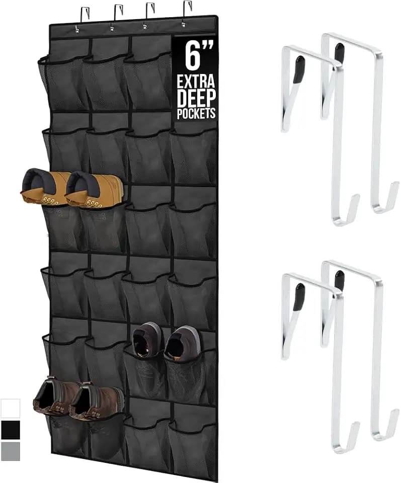 GORILLA GRIP Over the Door Shoe Organizer, 24 Extra Large Pockets, Black