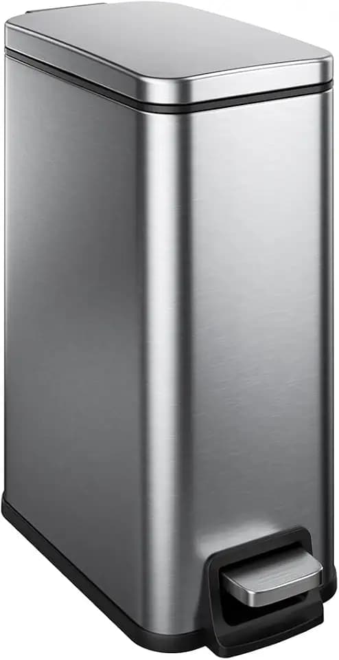 Slim Bathroom Trash Can with Lid Soft Close, 1.6 Gallon Stainless Steel Garbage Can with Removable Inner Bucket, Durable Step Pedal, Small Trash Bins for Toilet, Bedroom, Kitchen, Office