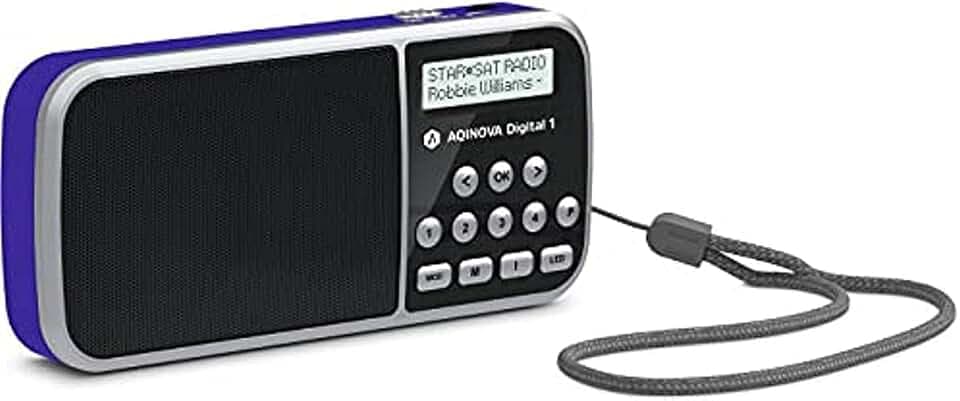 AQINOVA Digital 1 – portables DAB+/UKW Radio (LCD-Display, Favoritenspeicher, Direktwahltasten, Kopfhöreranschluss, USB, AUX-in, LED-Taschenlampe, wechselbarer Akku, 1Watt, klein) blau