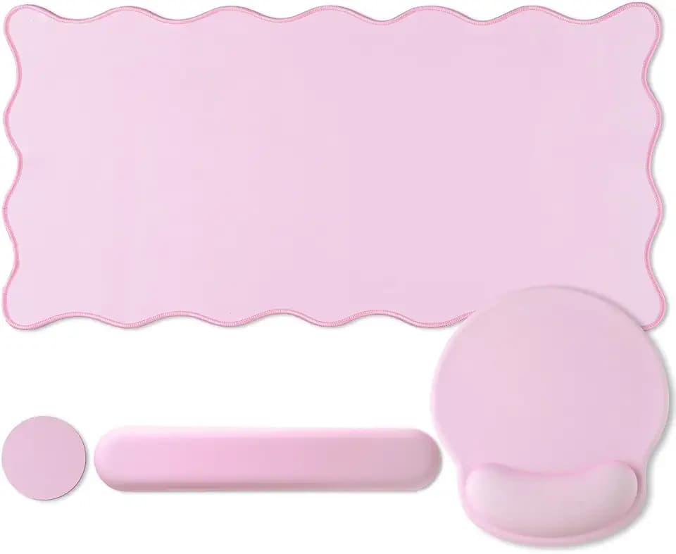 Sabary Scalloped Desk Mat Keyboard Mouse Pad Set Pink 31.5 x 15.7 Inch