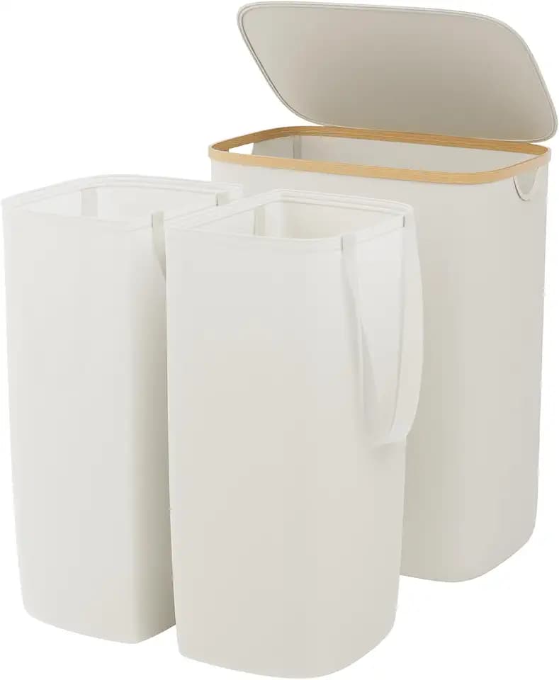 GARPROVM Double Laundry Hamper with Lid 150L Large Laundry Basket with Bamboo Handles Foldable Clothes Hampers with 2 Removable Liner Bags for Laundry for Bedroom Bathroom Dorm Laundry Room (Beige)