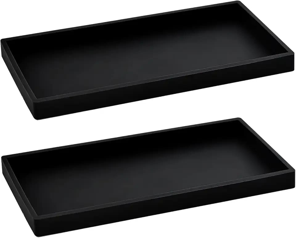 2PCS 11.8” L x 5” W Silicone Soap Dispenser Tray, Bathroom Sink Vanity Trays for Dresser Tops, Toilet, Small Black Tray for Scrubber, Lotion Bottles, Perfume, Jewelry, Candle, Key Trinket Ring-Black