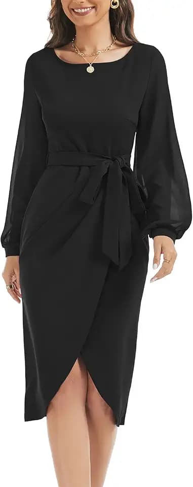 HELYO Women's Elegant V-Back Chiffon Long Sleeve Sheath Dresses Belted Ruched Casual Work Cocktail Party Midi Dress