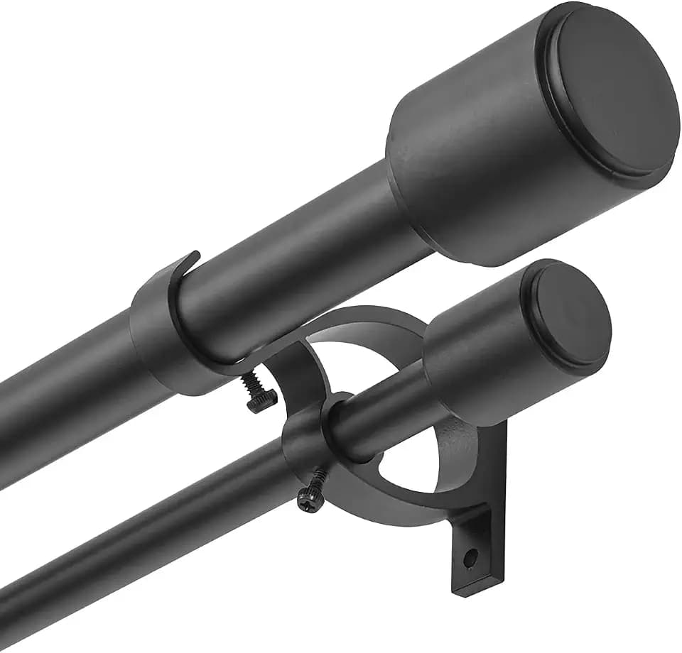 Kemmie 1" Window Treatment Curtain Rod with Cylindrical Cap Finials, Double Drapery Rod Adjustable Length 36-72", Matted Black