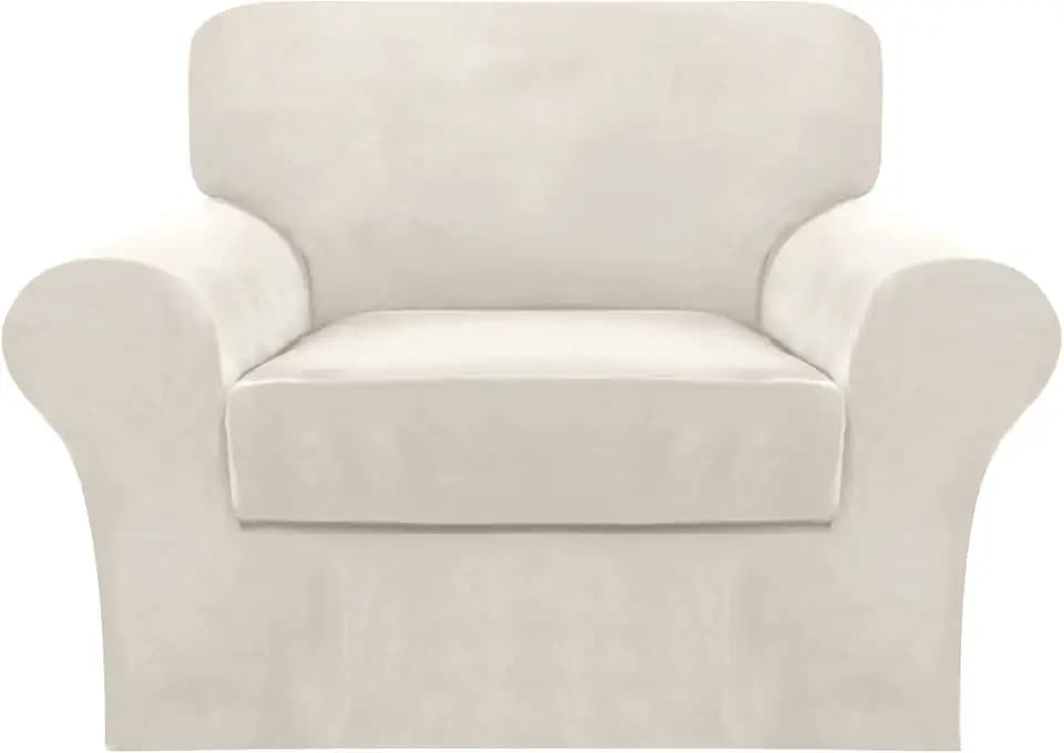 FantasDecor 2 Piece Chair Sofa Covers 85% Polyester, 15% Spandex for Living Room Slipcovers with Individual Cushion Elastic Furniture Protector for Pets, Machine Washable (Armchair, Ivory)