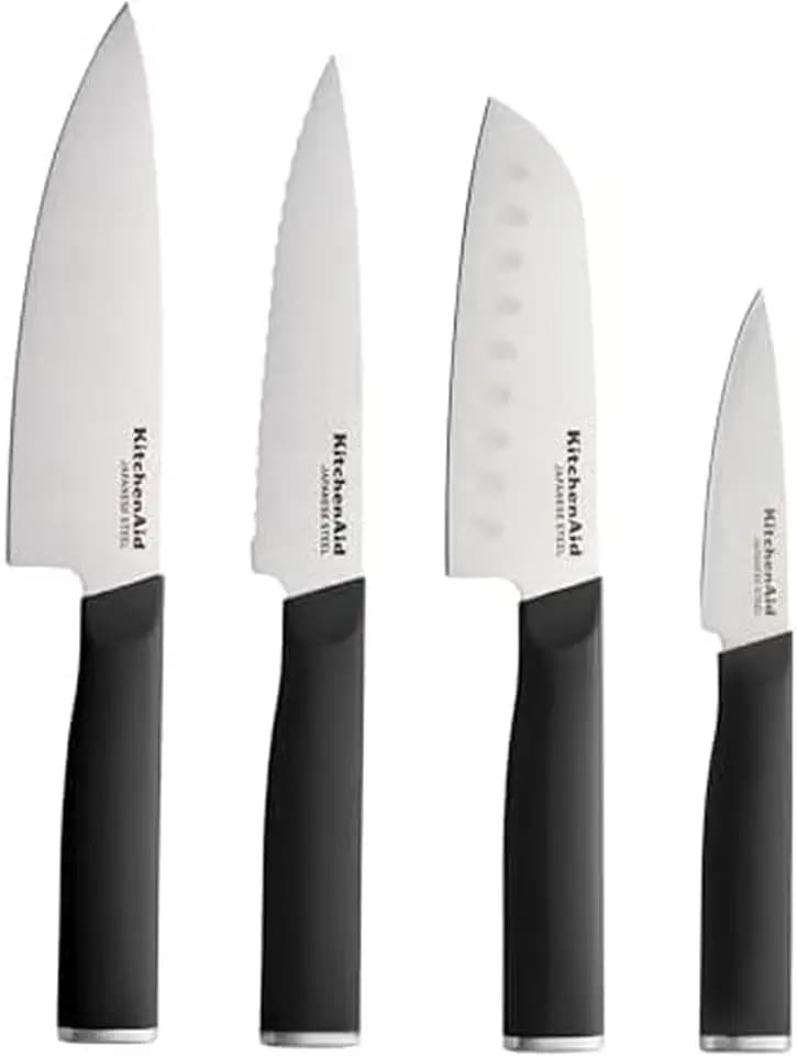 KitchenAid Chef Set with Custom Fit Covers, Sharp Kitchen Knife, Japanese Stainless Steel Blade, 4 Piece, Black
