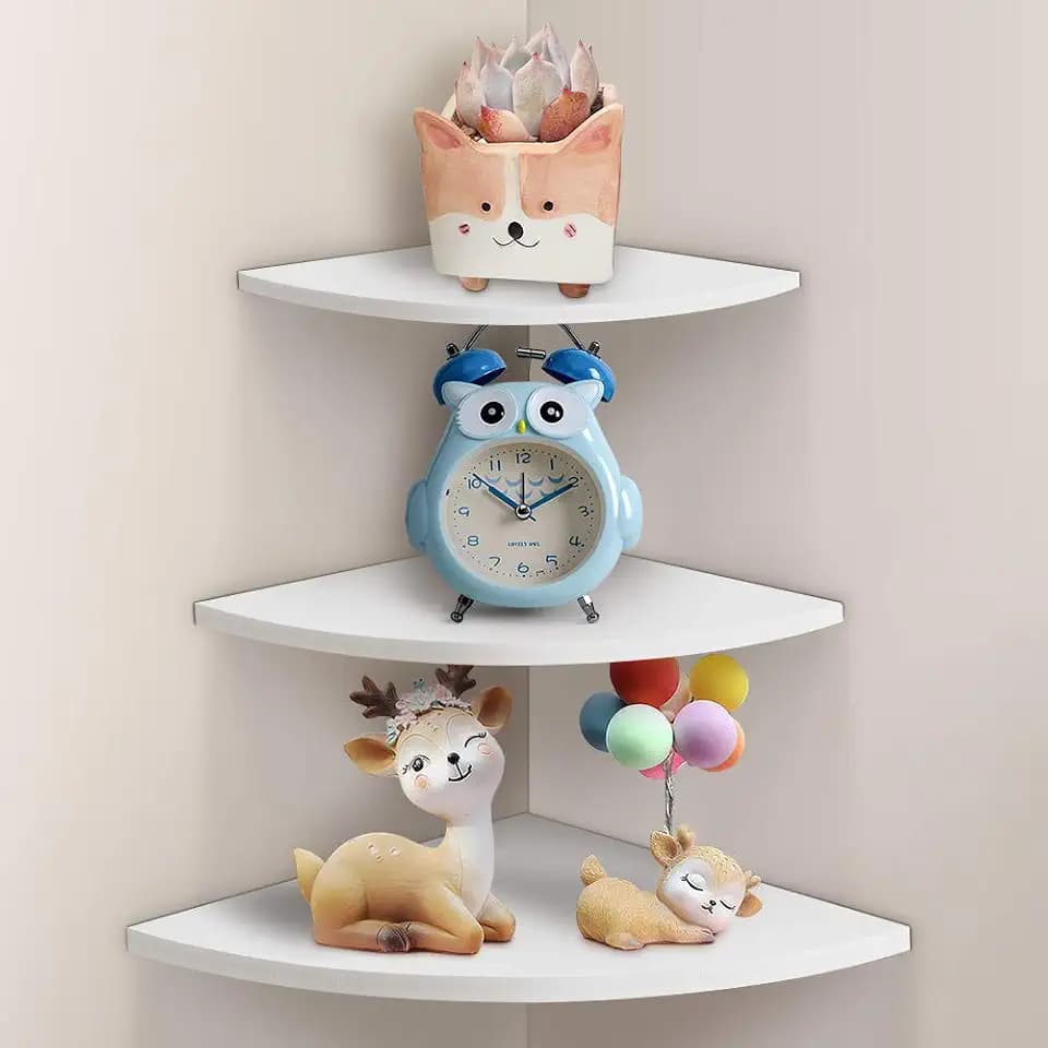 Wall Shelf, 3 Tier Wall Mount Corner Display Shelf Storage Rack Organizer Modern Decoration Hanging Shelf for Home Living Room Bedroom Office, White