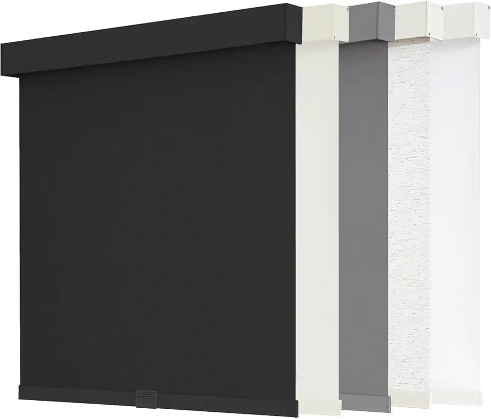 AOSKY Blackout Roller Shades Cordless Blinds for Windows, Free-Stop Shades with Valance, Thermal Insulated Fabric, UV Protection, Natural Woven Blinds for Home and Office (32" W x 72" H, Black)