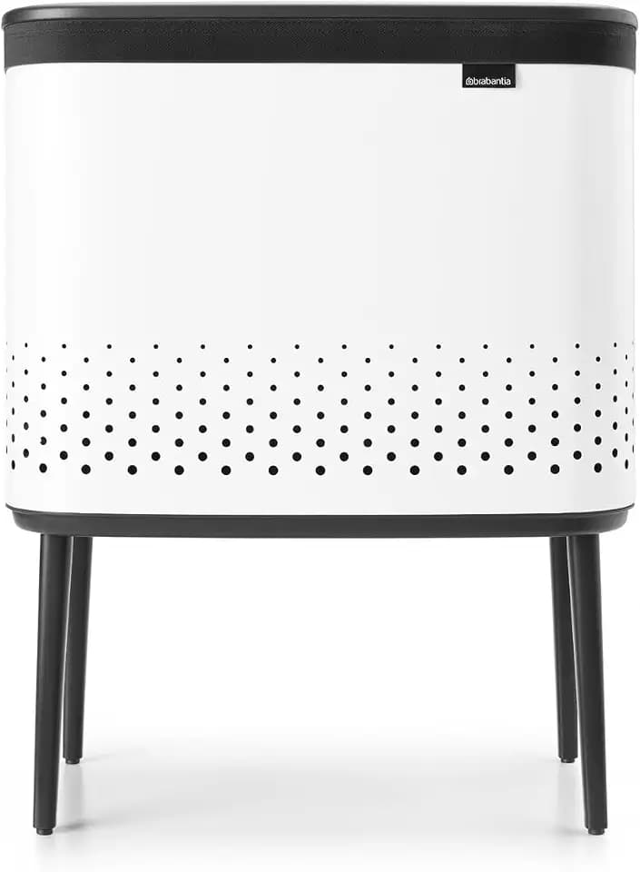 Brabantia Bo Laundry Hamper (White) Removable Laundry Bag 16 Gal, Ventilated Stylish Discreet Dirty Clothes Holder, Flat Back, Anti-Rust Materials for Bathroom Use