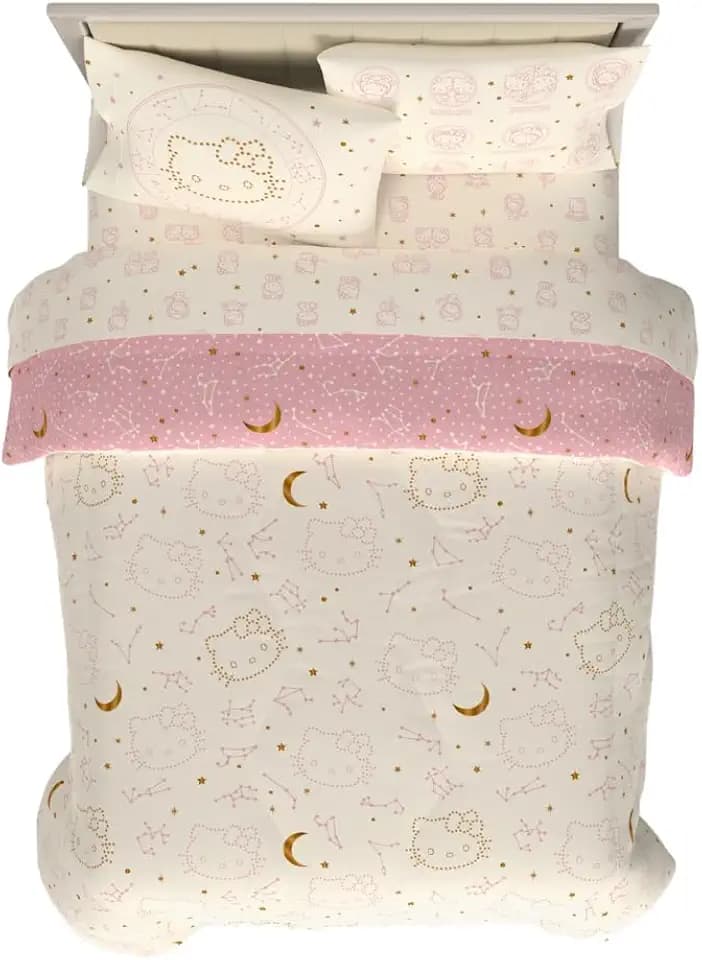 Lux Hello Kitty Velvet Bedding 7 Piece Super Soft Cozy Reversible Comforter and Sheet Set with Sham & Tote Bag, Queen, (Officially Licensed Product) By Franco