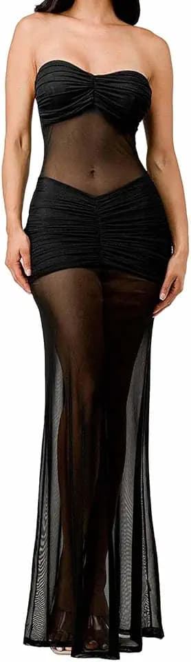 Sexy Sheer Mesh Dresses for Women See Through Maxi Dress Strapless Tube Top Night Party