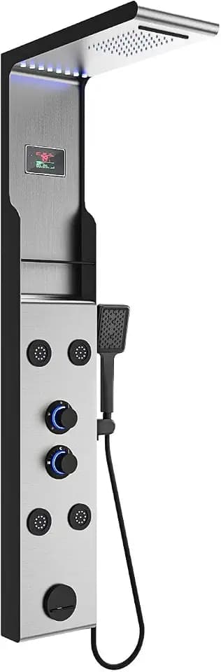 ELLO&ALLO LED Rainfall Shower Head and Rain Massage System with Body Jets Stainless Steel Bathroom Shower Panel Tower System with Shelf, Brushed Nickel&Black