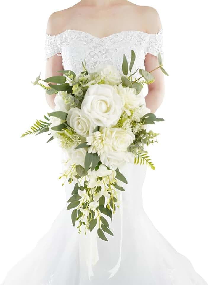 Bridal Bouquet Cascading Wedding Bouquet for Bride White Green