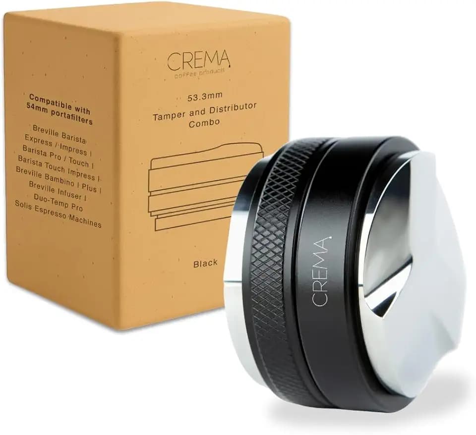 CREMA Coffee Products 53.3mm Hand Tamper & Coffee Distributor | Compatible with Breville Portafilters | Double-Sided, Adjustable Depth Tool | Made with Durable 304 Stainless Steel | Black