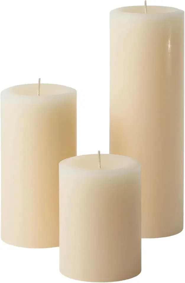 Mister Candle Ivory Unscented Dripless Candles Set of 3, 3 Inch Diameter, Hand Poured, Premium Wax, Decorative Pillar Candles (3" x 4", 3" x 6", and 3" x 9", Ivory)