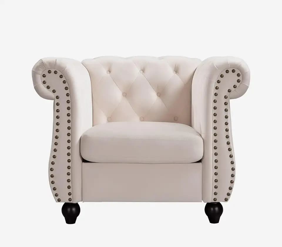 Container Furniture Velvet Chesterfield Armchair, Button-Tufted Backrest, Rolled Arms, High-Density Foam with Spring Support, Elegant Accent Piece, Chair, Ivory