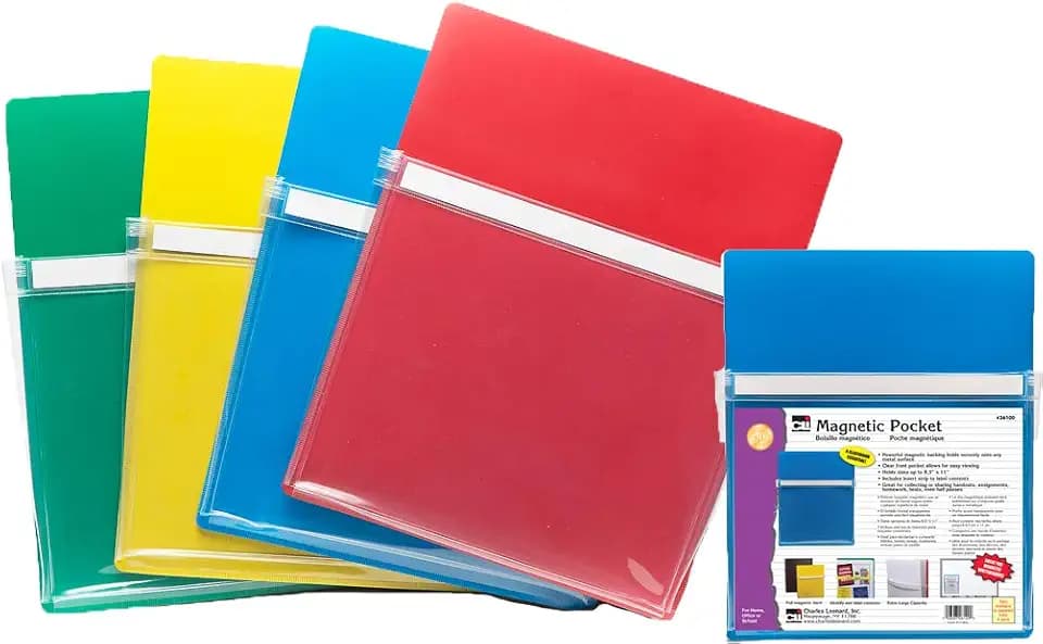 Charles Leonard CLI Magnetic Pocket, 4 Pack, Assorted Colors (26400)