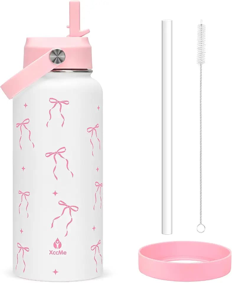 32oz Pink Bow Gift Insulated Water Bottle for Women with Straw