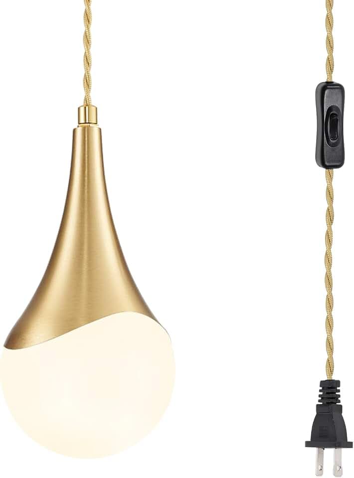 MWZ Gold Plug in Pendant Light,Hanging Lights with Plug in Cord On/Off Switch, Mini Brass Pendant Lights for Kitchen Island,1-Light Modern Raindrop Chandelier Lamps with Milky White Globe Glass Shade