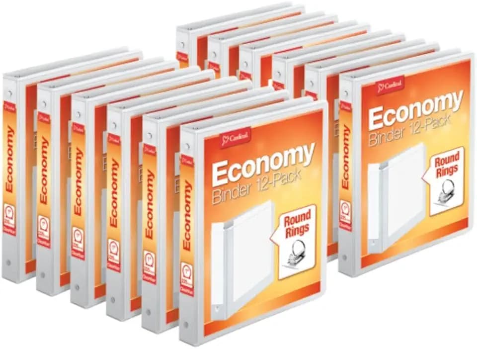 Cardinal 1 Inch 3 Ring Binders, White, 12 Pack, Round Ring Binder, Holds 225 Sheets, PVC Free, Customizable Covers, 2 Pocket View Binders for Office and School Organization