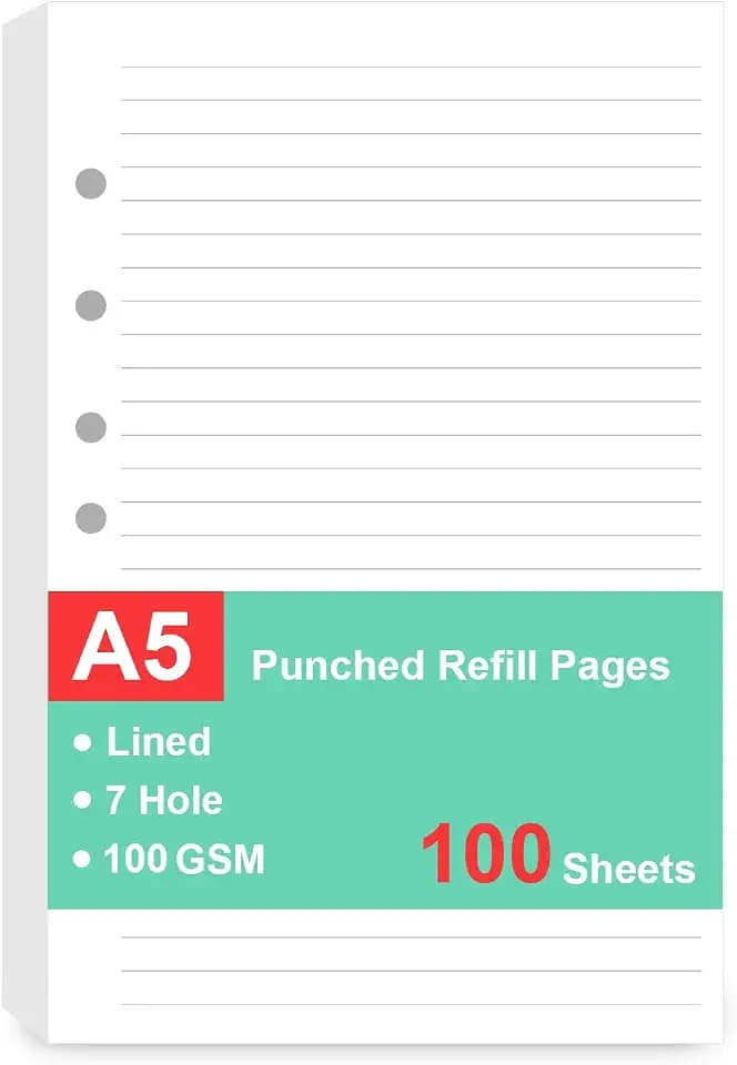 7-Hole Lined Refills Paper, A5 Filler Paper for Planner Inserts, A5 Loose Leaf Paper, 7 Hole Refills, 100 Sheets/200 Pages, College Ruled, 5.5 X 8.5 Inch (White Paper, 100 Sheets)