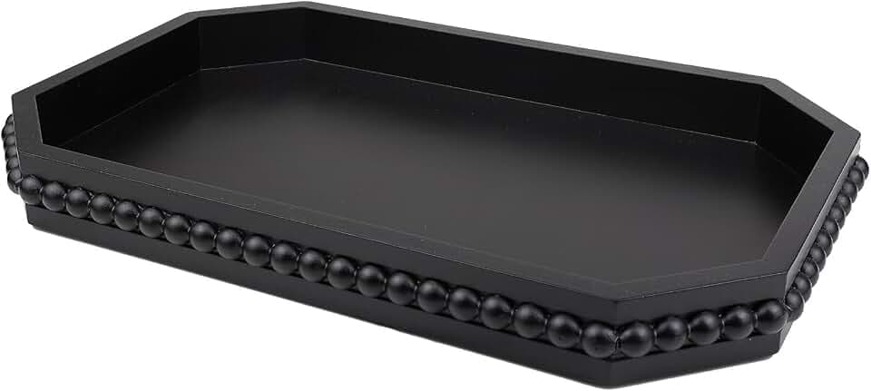 Hrastany Wood Rustic Serving Tray with Beads, Farmhouse Black Decorative Tray for Table Centerpiece, Christmas Wedding Halloween Home Decor