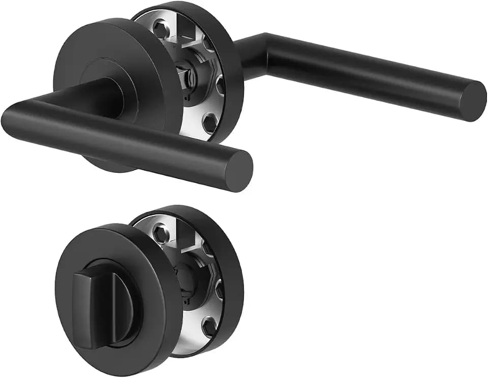 Schwarzer Badezimmertürgriff, moderner Stil | Türgriff-Set mit Rosette, Durchmesser 52 mm, L-Form