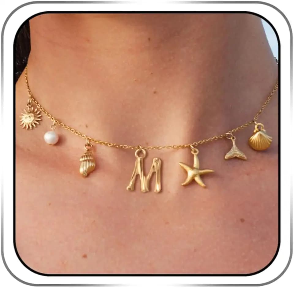 14K Gold Initial Shell Charm Necklace for Women Seashell Beach Jewelry