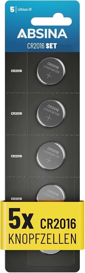 ABSINA CR2016 Knopfzelle Lithium 3V - auslaufsicher & langlebig | 5er Pack CR 2016 Knopfzelle 3 Volt - Batterie für Autoschlüssel, Küchenwaage uvm - Knopfbatterie
