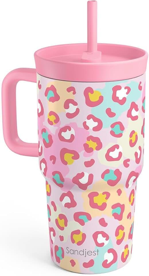 SANDJEST Leopard Skin Stainless Steel Tumbler 20oz with Handle and Silicone Straw Locking Lid for Kids Girls, Birthday Christmas Back to School
