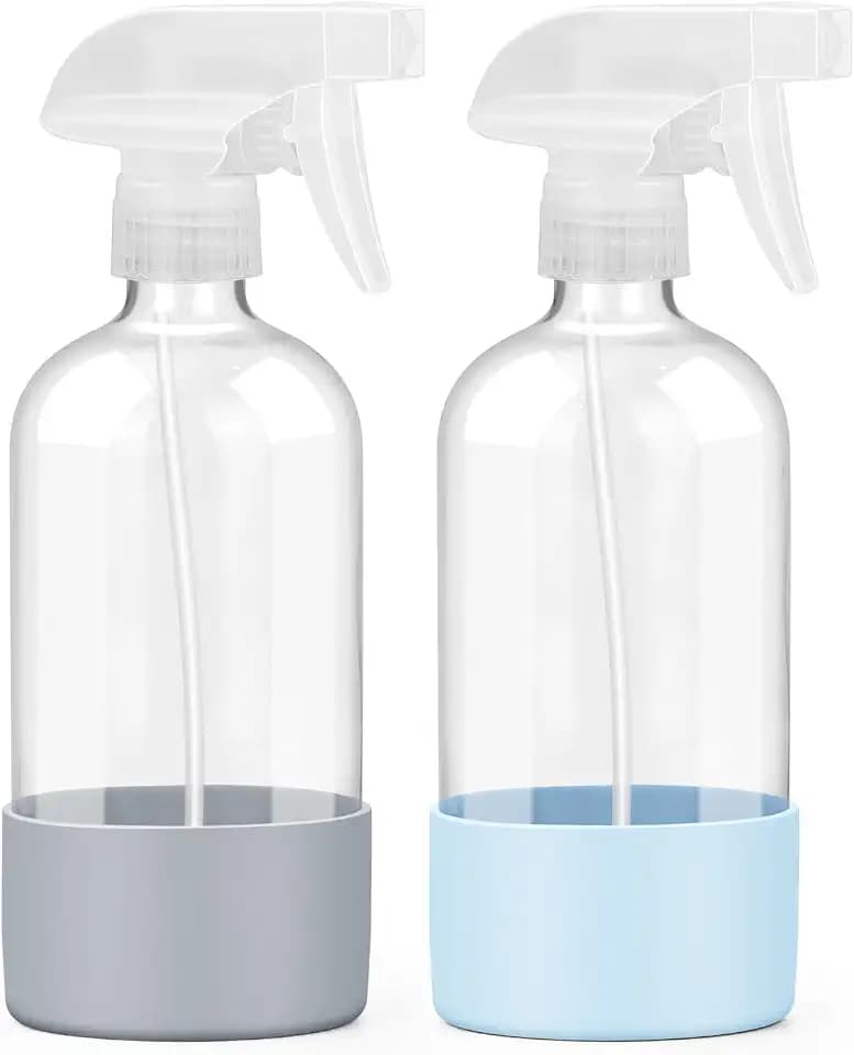 Glass Spray Bottles - 2 Pack 16 oz Clear Spray Bottles with Silicone Sleeve
