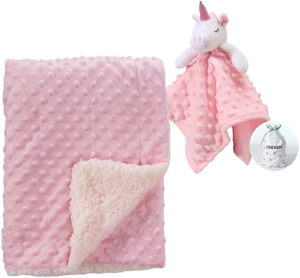 CREVENT Babydeckenset, weich, gemütlich für Jungen und Mädchen und Schmusetuch, mit Geschenktasche, Neugeborenen-Essential, Rosa