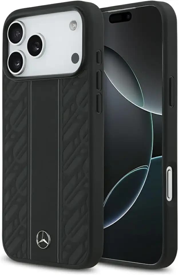 CG MOBILE Mercedes Leder Lorbeerblätter-Streifen kompatibel mit MagSafe Hülle für iPhone 17 Pro Max (Schwarz)