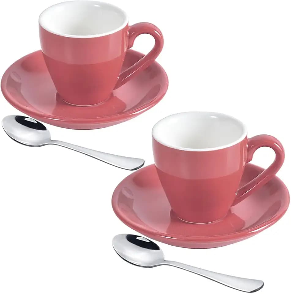 ionEgg Porcelain Espresso Cup with Saucer And Stainless Steel mini Spoons, Espresso shot Cup, 80ml/2.7Oz, Pack of 2, Pink